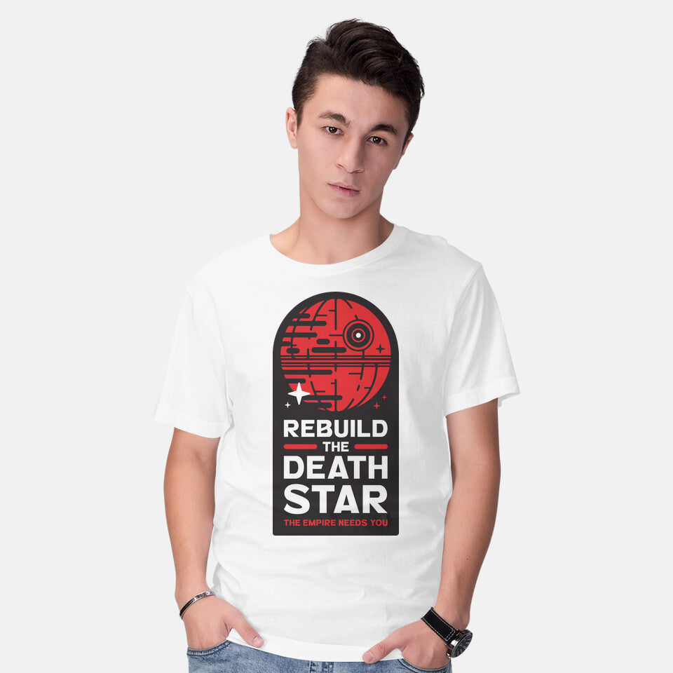 Model wearing white The Empire Needs You – Sci-Fi Graphic T-Shirt