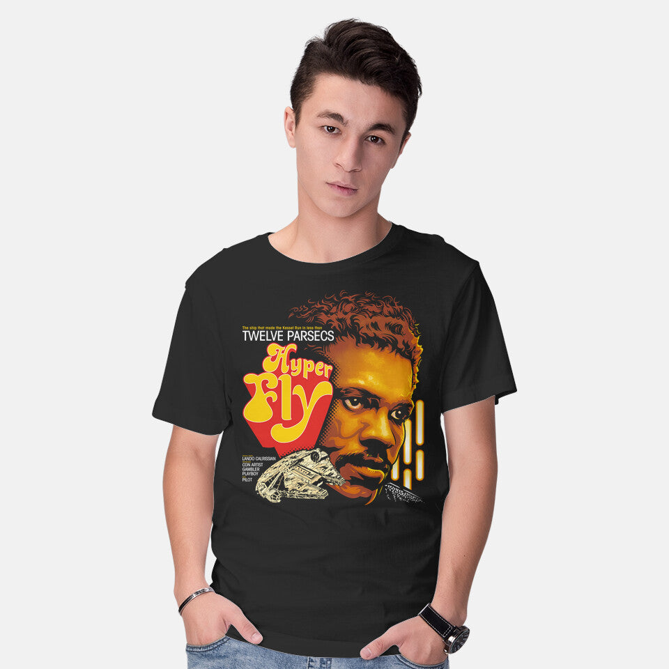 Model wearing black Hyper Fly – Sci-Fi Graphic T-Shirt