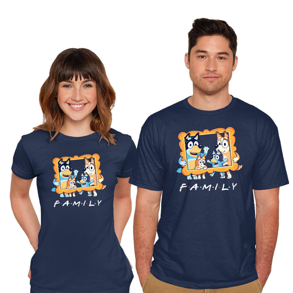 Model wearing navy Family Friends – Dog Graphic T-Shirt