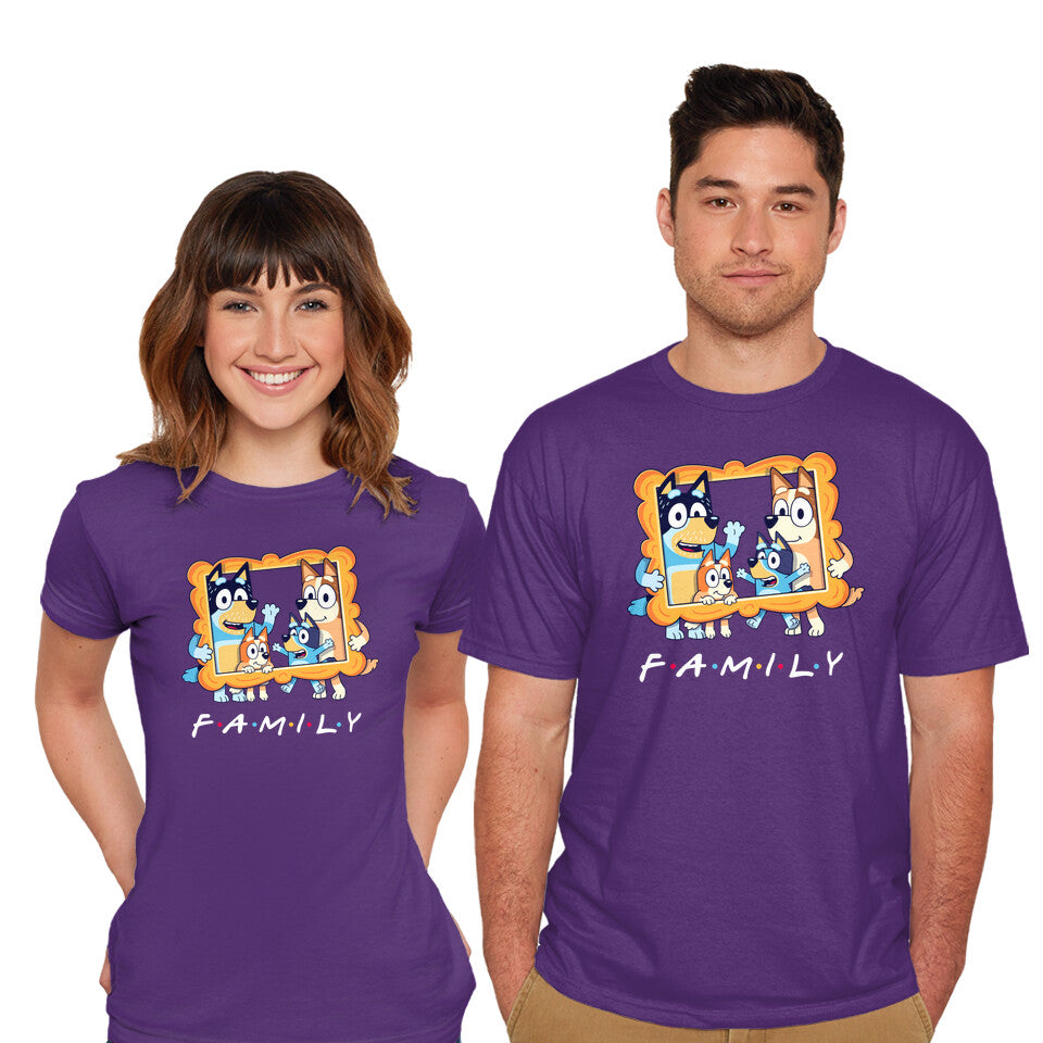 Model wearing purple Family Friends – Dog Graphic T-Shirt