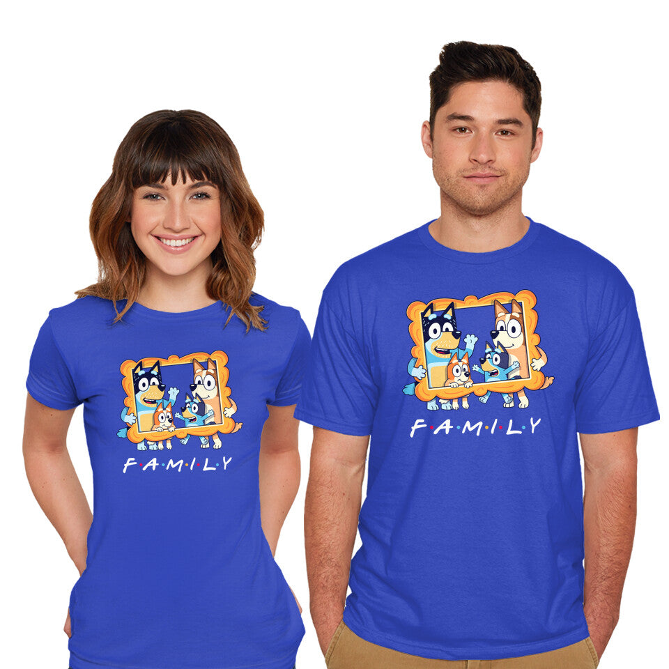 Model wearing royal blue Family Friends – Dog Graphic T-Shirt