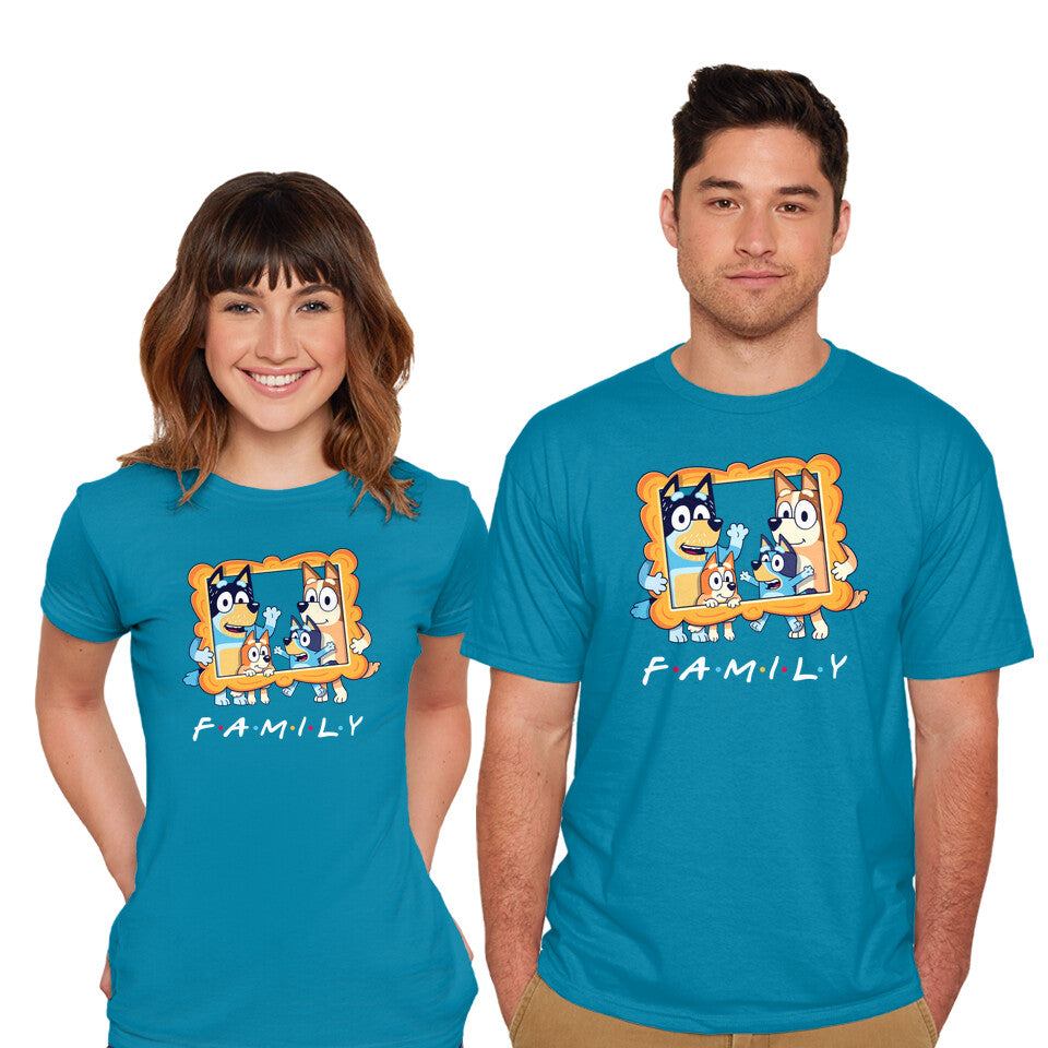Model wearing turquoise Family Friends – Dog Graphic T-Shirt