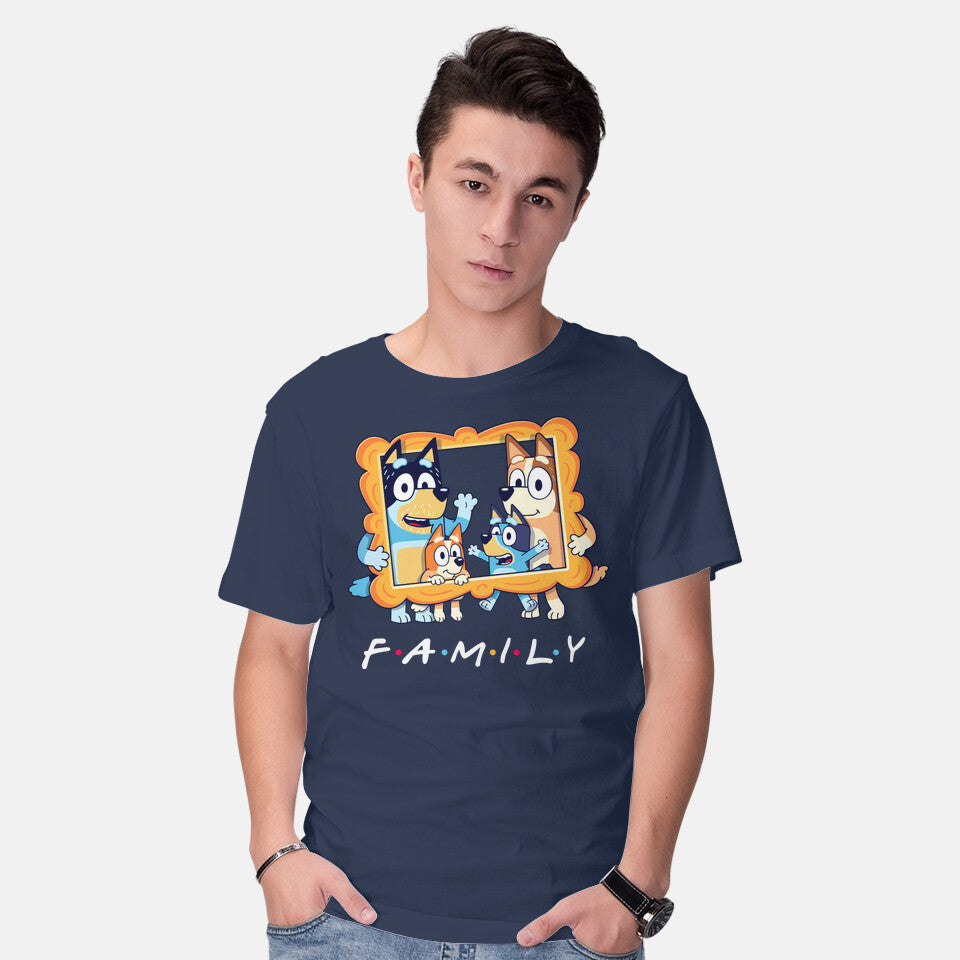 Model wearing navy Family Friends – Dog Graphic T-Shirt