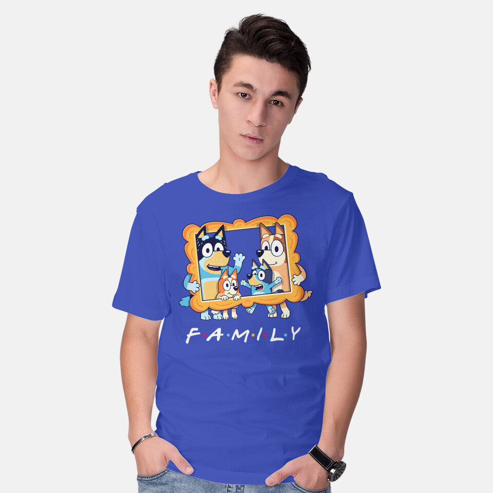 Model wearing royal blue Family Friends – Dog Graphic T-Shirt