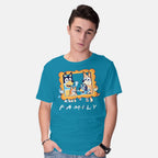 Model wearing turquoise Family Friends – Dog Graphic T-Shirt