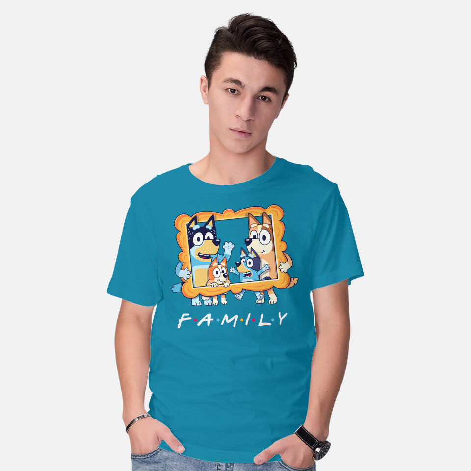 Model wearing turquoise Family Friends – Dog Graphic T-Shirt