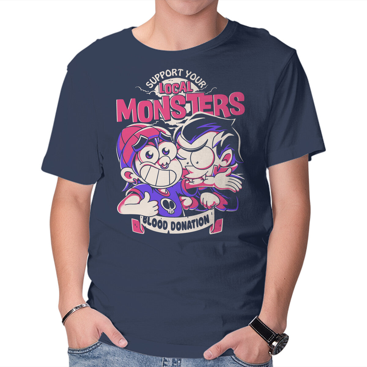 Support Your Local Vampire – Halloween Graphic T-Shirt in navy, product display