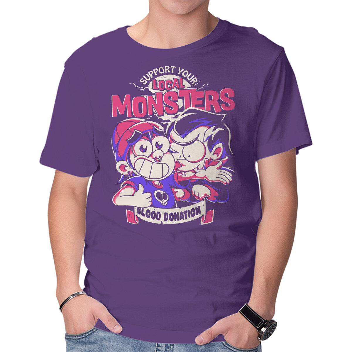 Support Your Local Vampire – Halloween Graphic T-Shirt in purple, product display