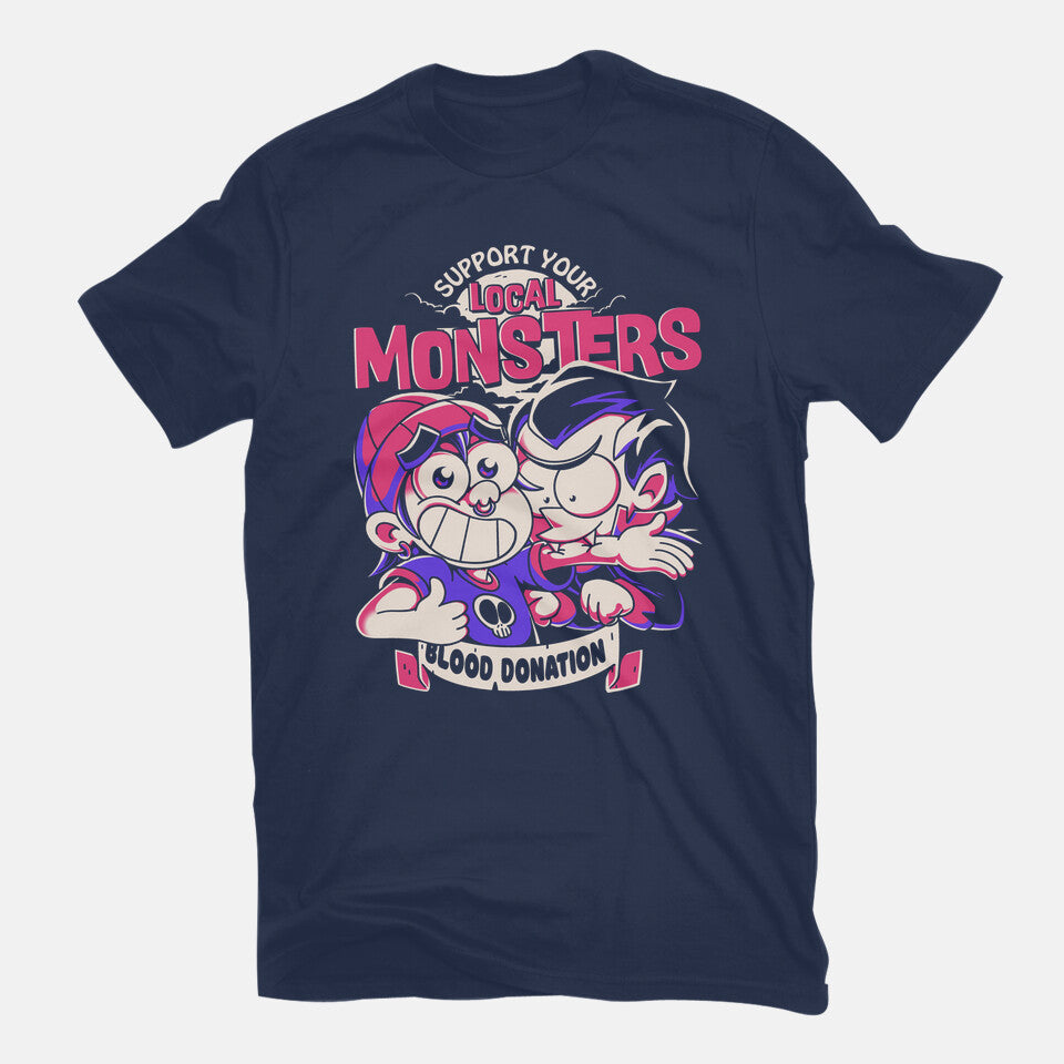 Support Your Local Vampire – Halloween Graphic T-Shirt in navy, flat-lay product view