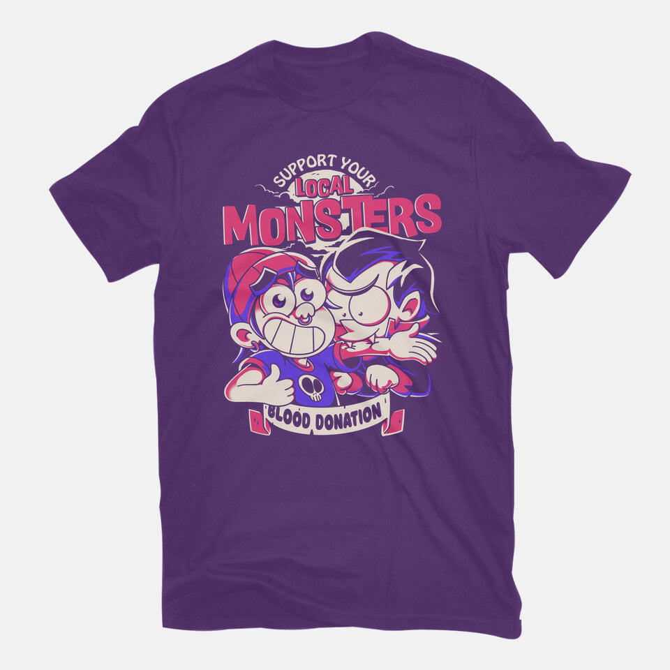 Support Your Local Vampire – Halloween Graphic T-Shirt in purple, flat-lay product view