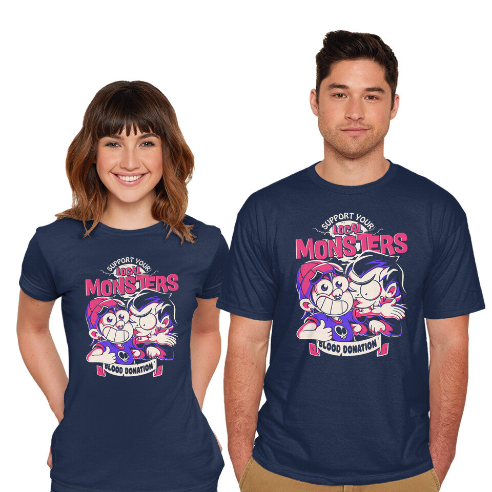 Model wearing navy Support Your Local Vampire – Halloween Graphic T-Shirt