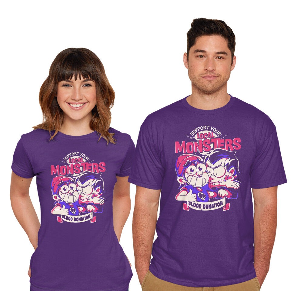 Model wearing purple Support Your Local Vampire – Halloween Graphic T-Shirt