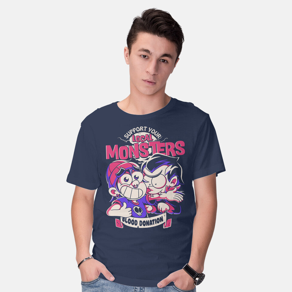 Model wearing navy Support Your Local Vampire – Halloween Graphic T-Shirt