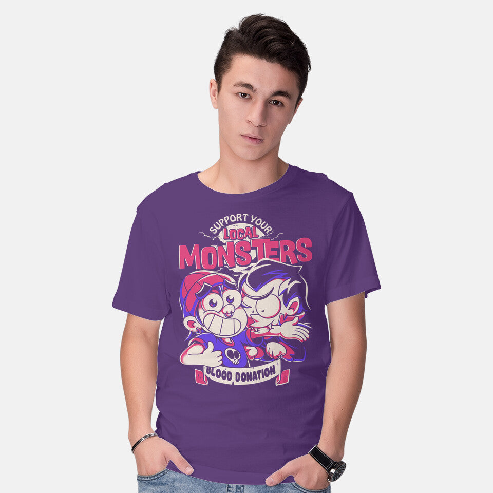 Model wearing purple Support Your Local Vampire – Halloween Graphic T-Shirt