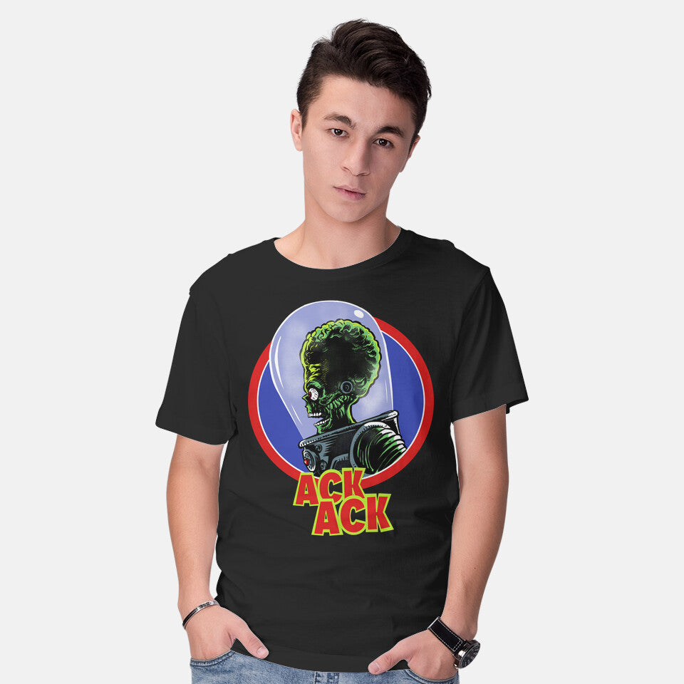 Model wearing black Ack Ack – Sci-Fi Graphic T-Shirt
