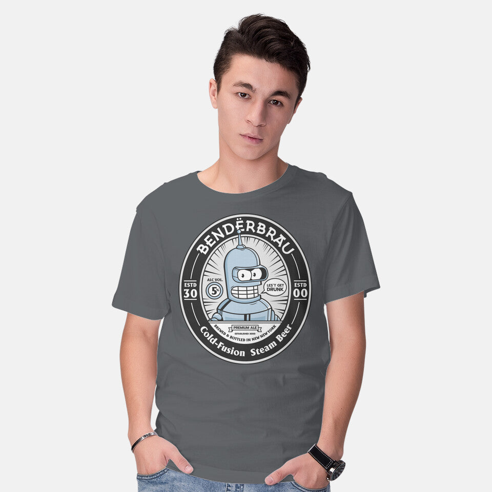 Model wearing charcoal Bender Beer – Sci-Fi Graphic T-Shirt