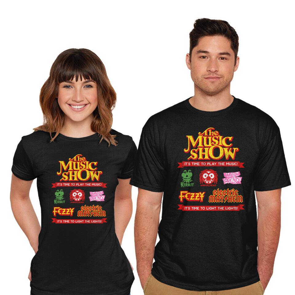 Model wearing black Muppetfest – Music Graphic T-Shirt