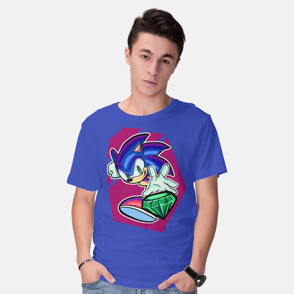 Model wearing royal blue My Emerald – Gaming Graphic T-Shirt