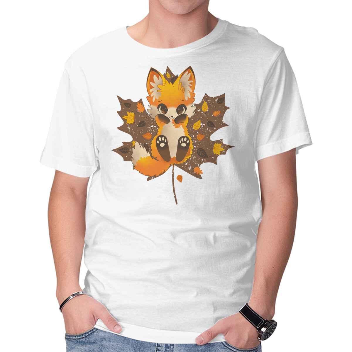 Autumn Kitsune – Animal Graphic T-Shirt in white, product display
