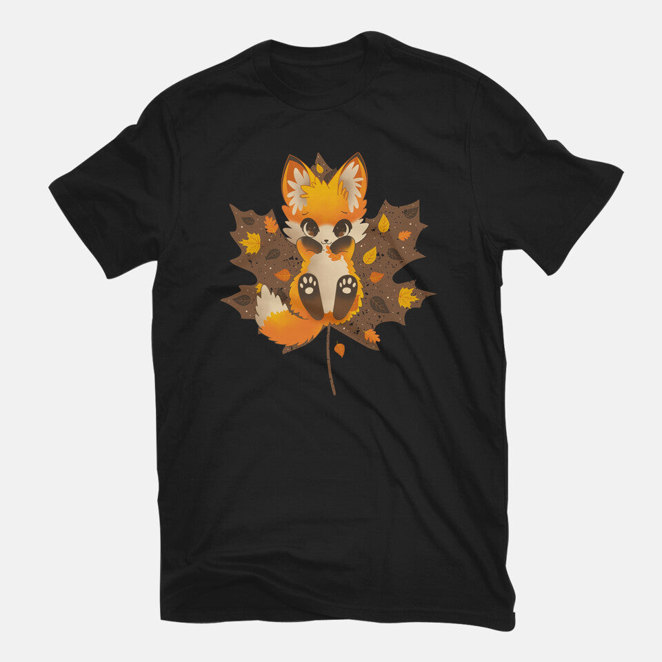 Autumn Kitsune – Animal Graphic T-Shirt in black, flat-lay product view