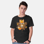 Model wearing black Autumn Kitsune – Animal Graphic T-Shirt