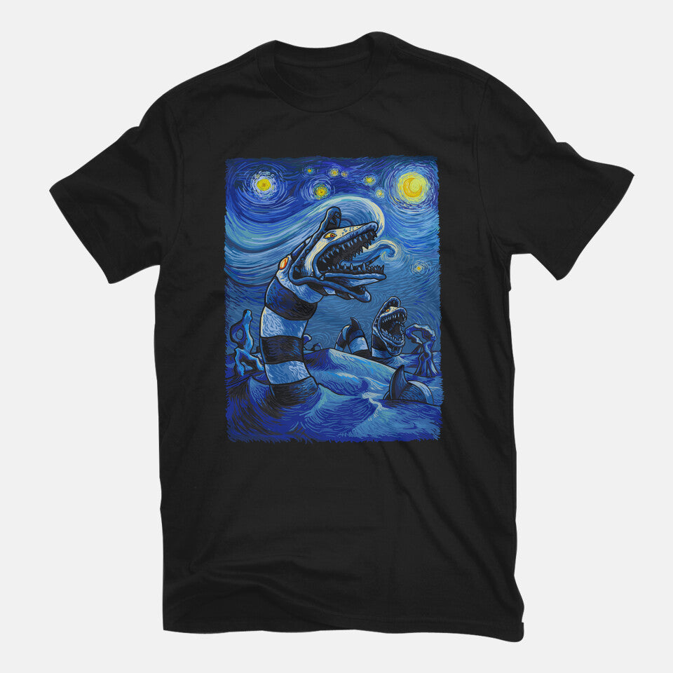 Starry Saturn – Horror Graphic T-Shirt in black, flat-lay product view