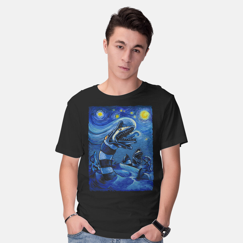 Model wearing black Starry Saturn – Horror Graphic T-Shirt