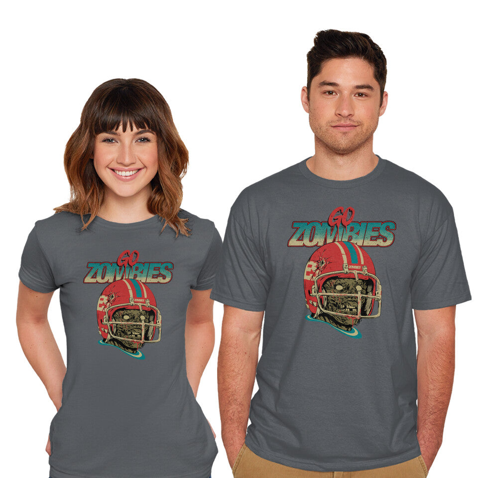 Model wearing charcoal Go Zombies – Halloween Graphic T-Shirt