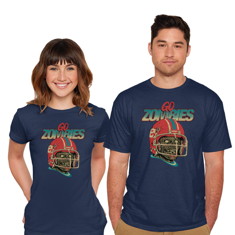 Model wearing navy Go Zombies – Halloween Graphic T-Shirt