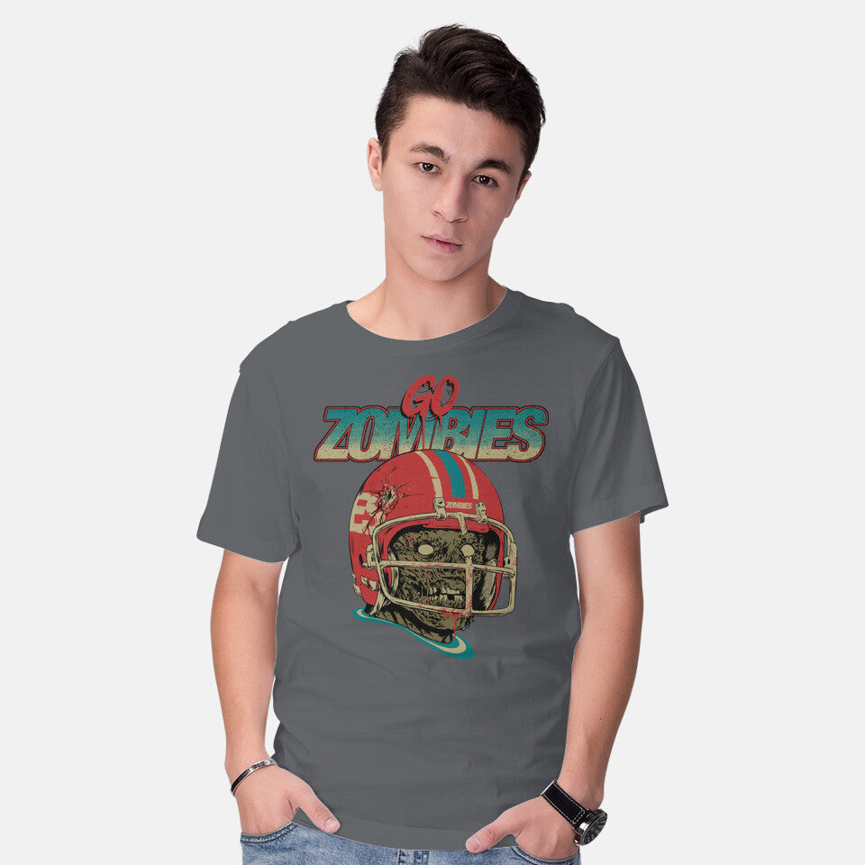 Model wearing charcoal Go Zombies – Halloween Graphic T-Shirt