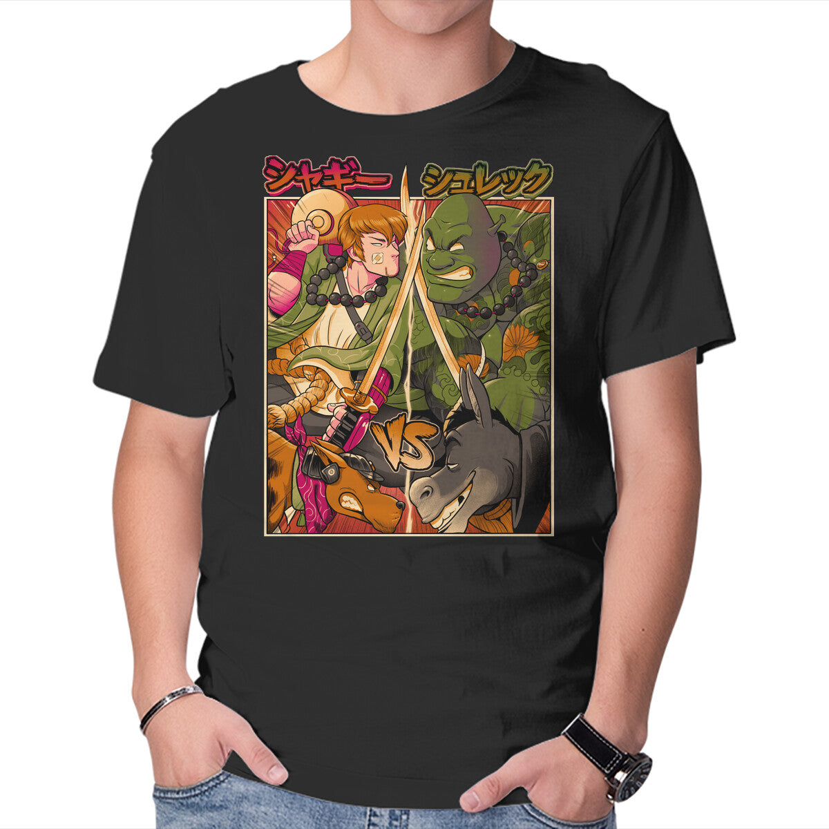 Samurai Sukubi VS Shurekku – Movie Graphic T-Shirt in black, product display