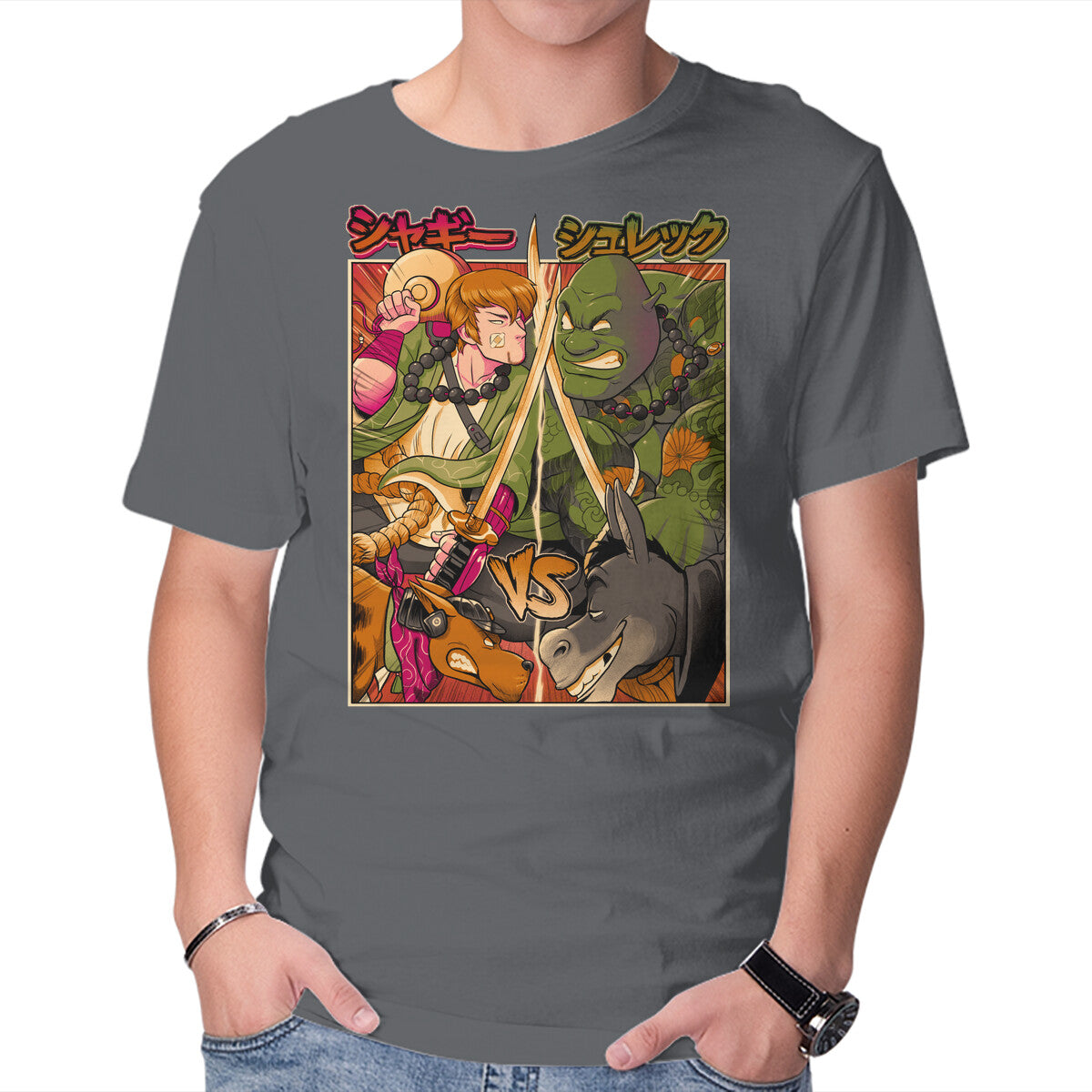 Samurai Sukubi VS Shurekku – Movie Graphic T-Shirt in charcoal, product display