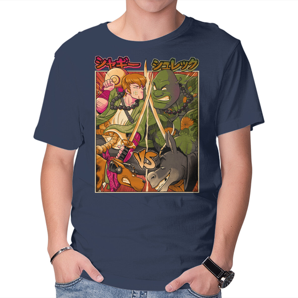 Samurai Sukubi VS Shurekku – Movie Graphic T-Shirt in navy, product display