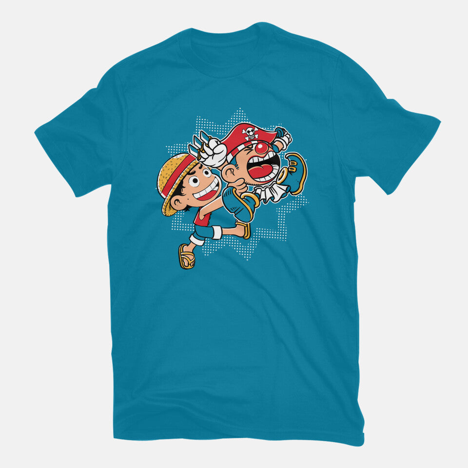 Super Stretchy Boy – Anime Graphic T-Shirt in turquoise, flat-lay product view