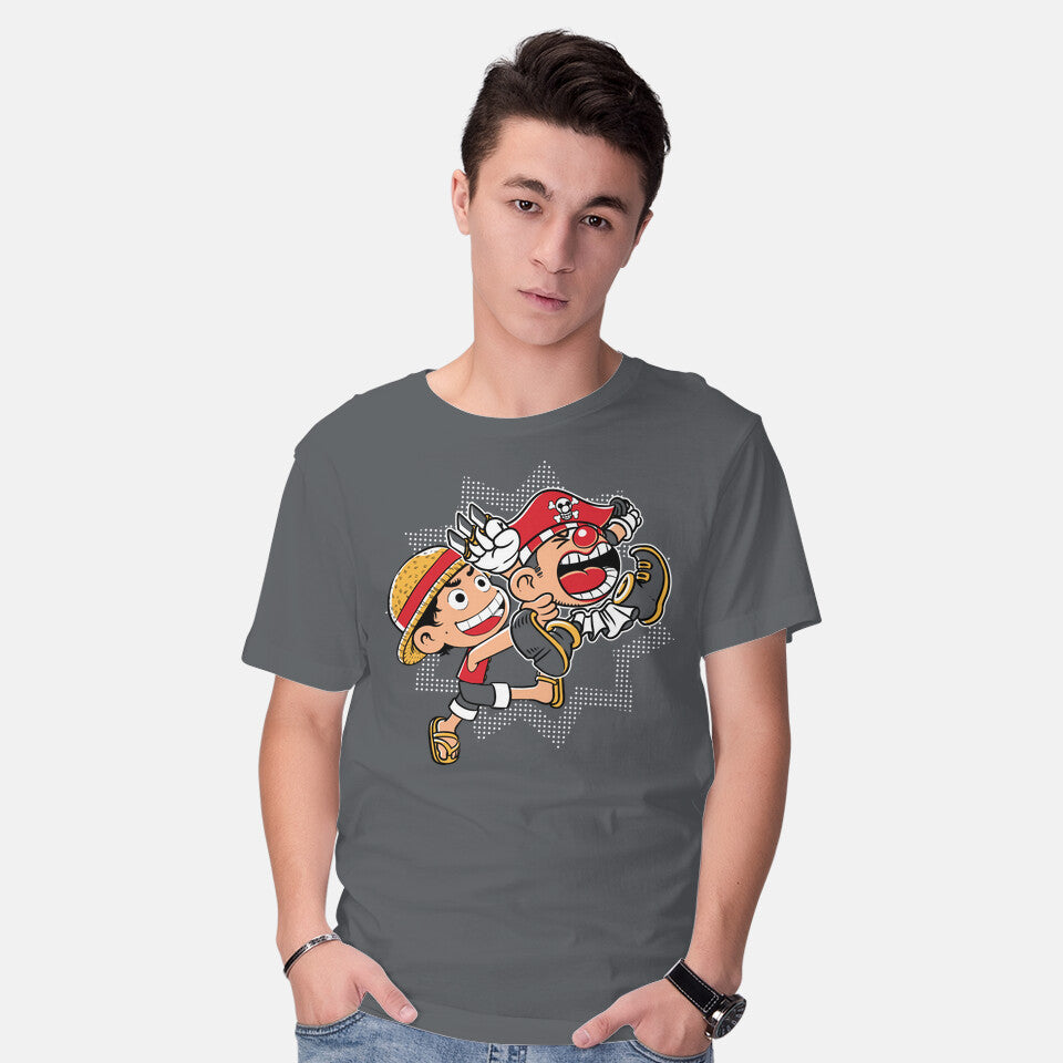 Model wearing charcoal Super Stretchy Boy – Anime Graphic T-Shirt