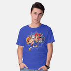 Model wearing royal blue Super Stretchy Boy – Anime Graphic T-Shirt