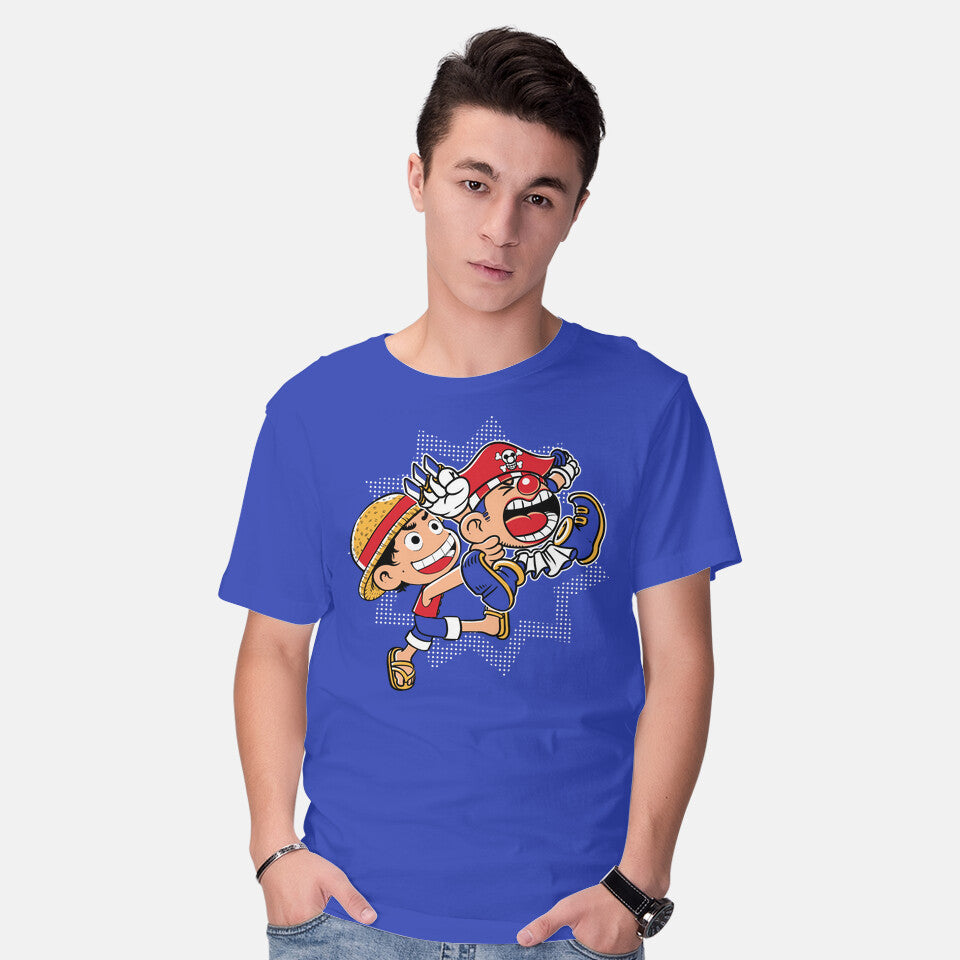 Model wearing royal blue Super Stretchy Boy – Anime Graphic T-Shirt