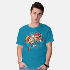Model wearing turquoise Super Stretchy Boy – Anime Graphic T-Shirt