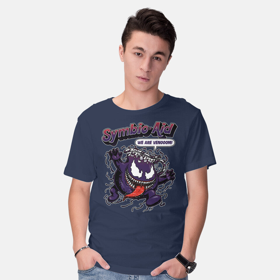 Model wearing navy Symbio-Aid – Movie Graphic T-Shirt