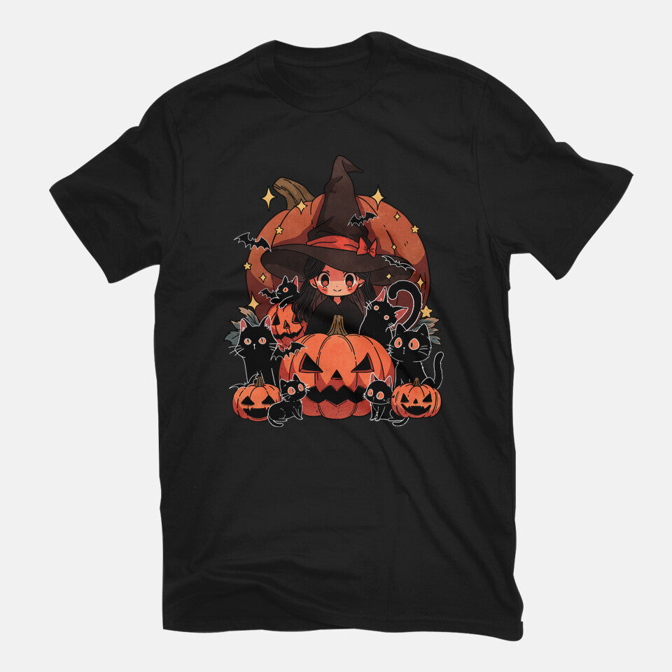 Spellbound Kitties – Cat Graphic T-Shirt in black, flat-lay product view