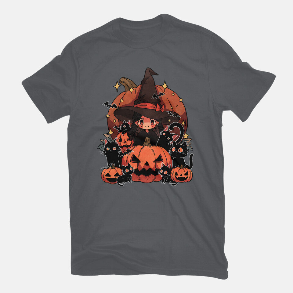Spellbound Kitties – Cat Graphic T-Shirt in charcoal, flat-lay product view