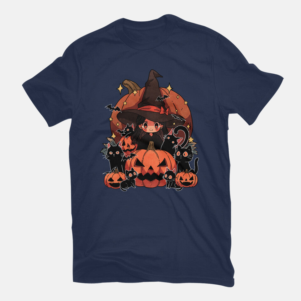 Spellbound Kitties – Cat Graphic T-Shirt in navy, flat-lay product view