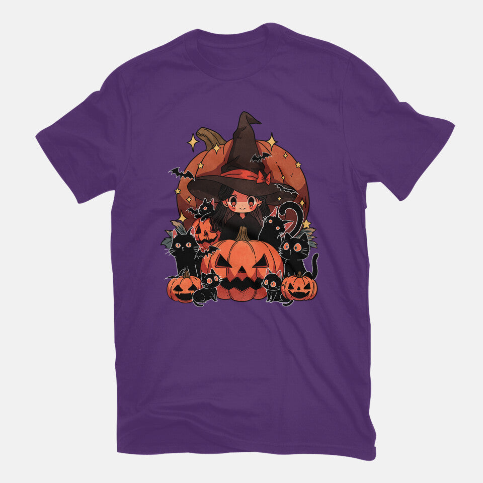 Spellbound Kitties – Cat Graphic T-Shirt in purple, flat-lay product view