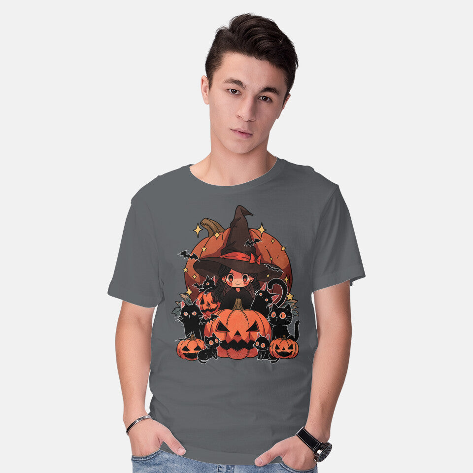 Model wearing charcoal Spellbound Kitties – Cat Graphic T-Shirt