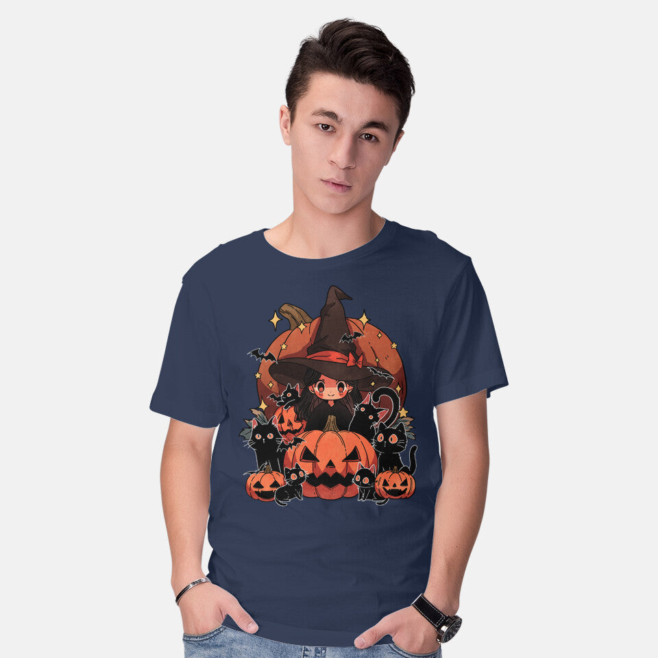 Model wearing navy Spellbound Kitties – Cat Graphic T-Shirt