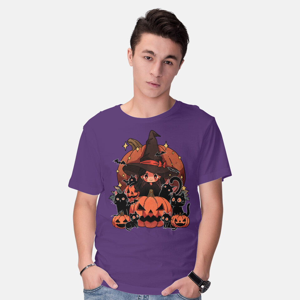 Model wearing purple Spellbound Kitties – Cat Graphic T-Shirt