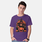 Model wearing purple Spellbound Kitties – Cat Graphic T-Shirt