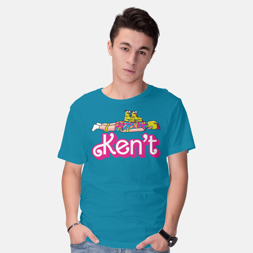 Model wearing turquoise Ken't – Movie Graphic T-Shirt