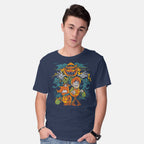Model wearing navy Mystery Tricks Or Treats – Halloween Graphic T-Shirt