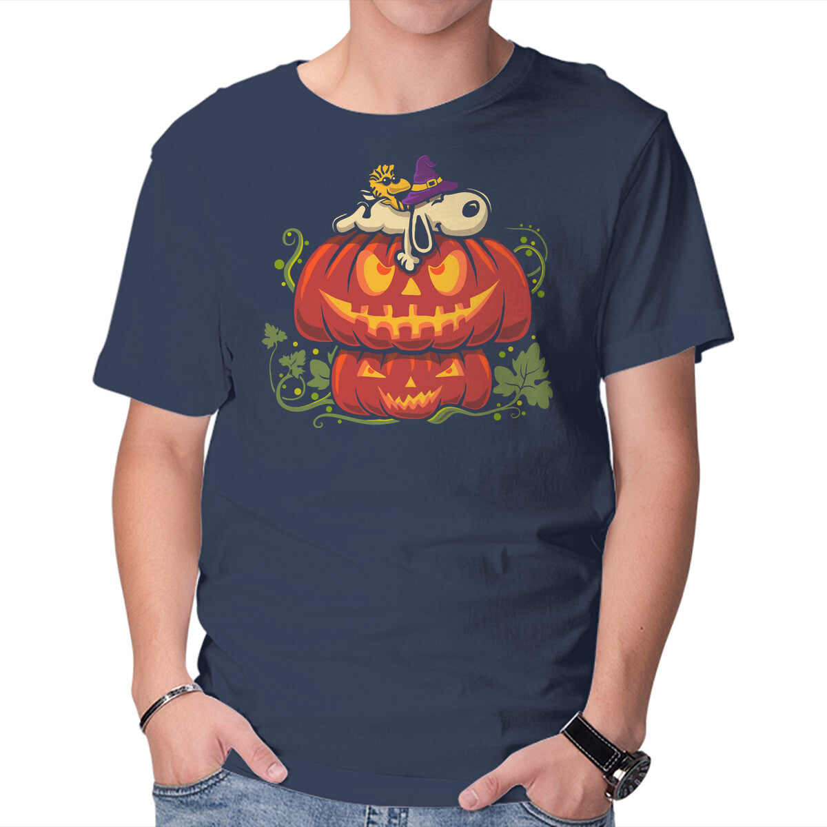 Beagle's Pumpkin House – Funny Graphic T-Shirt in navy, product display